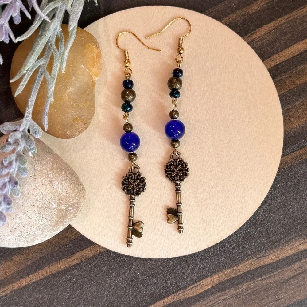 Antique Key Dangle Earrings with Blue Beads